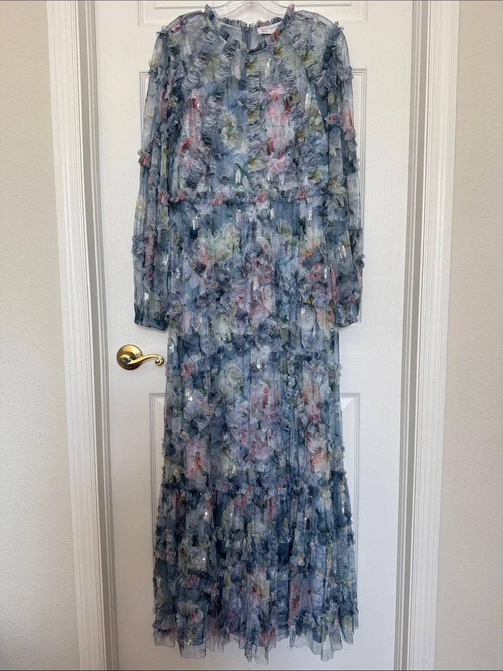 Mac Duggal 8098 Blue Floral Long Sleeve High Neck Ruffle Maxi Dress Size 12 NWOT